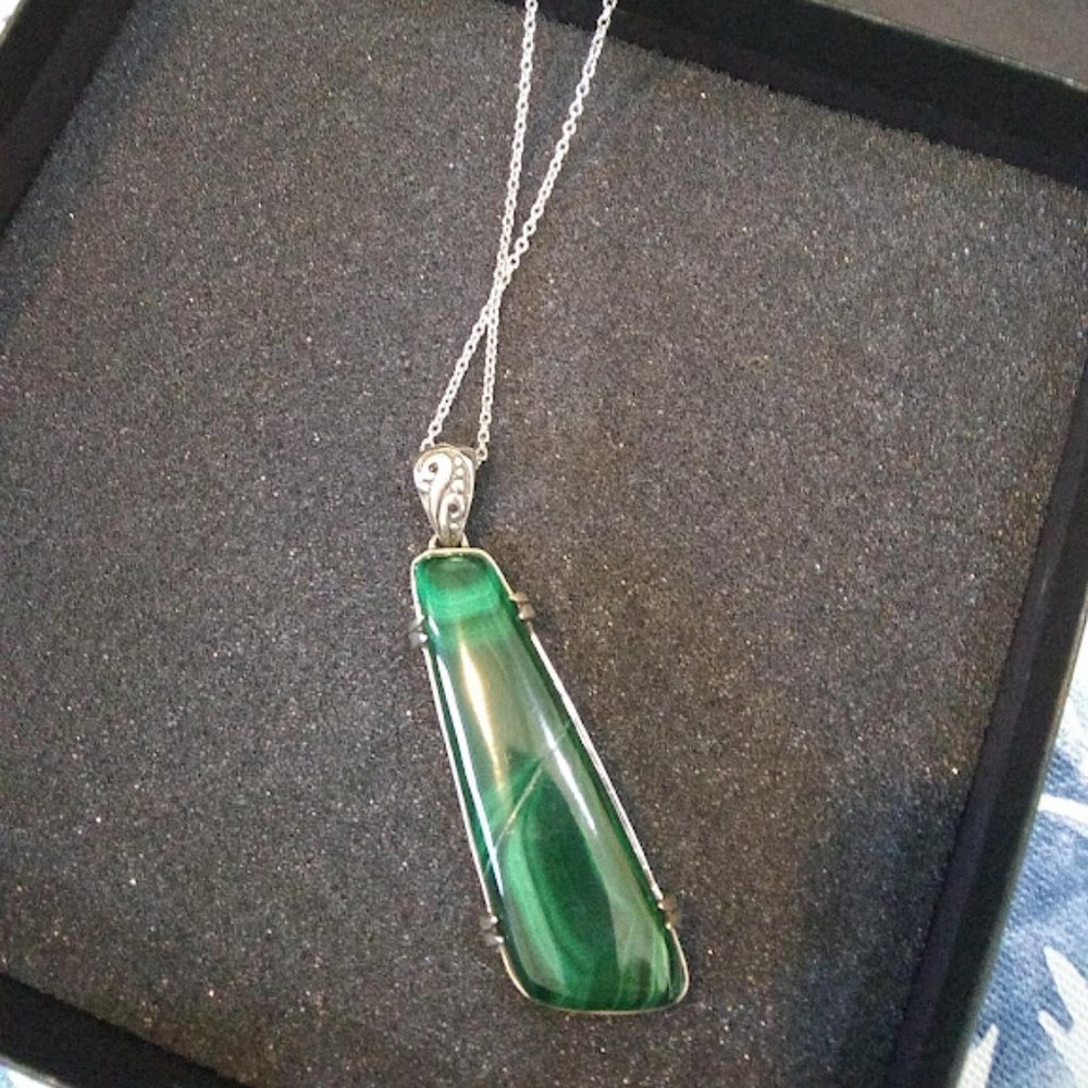 Natural malachite necklace with 24" silver chain
